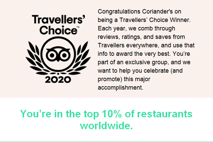 Coriander’s is Top 10% for Tripadvisor Travellers’ Choice Awards 2020